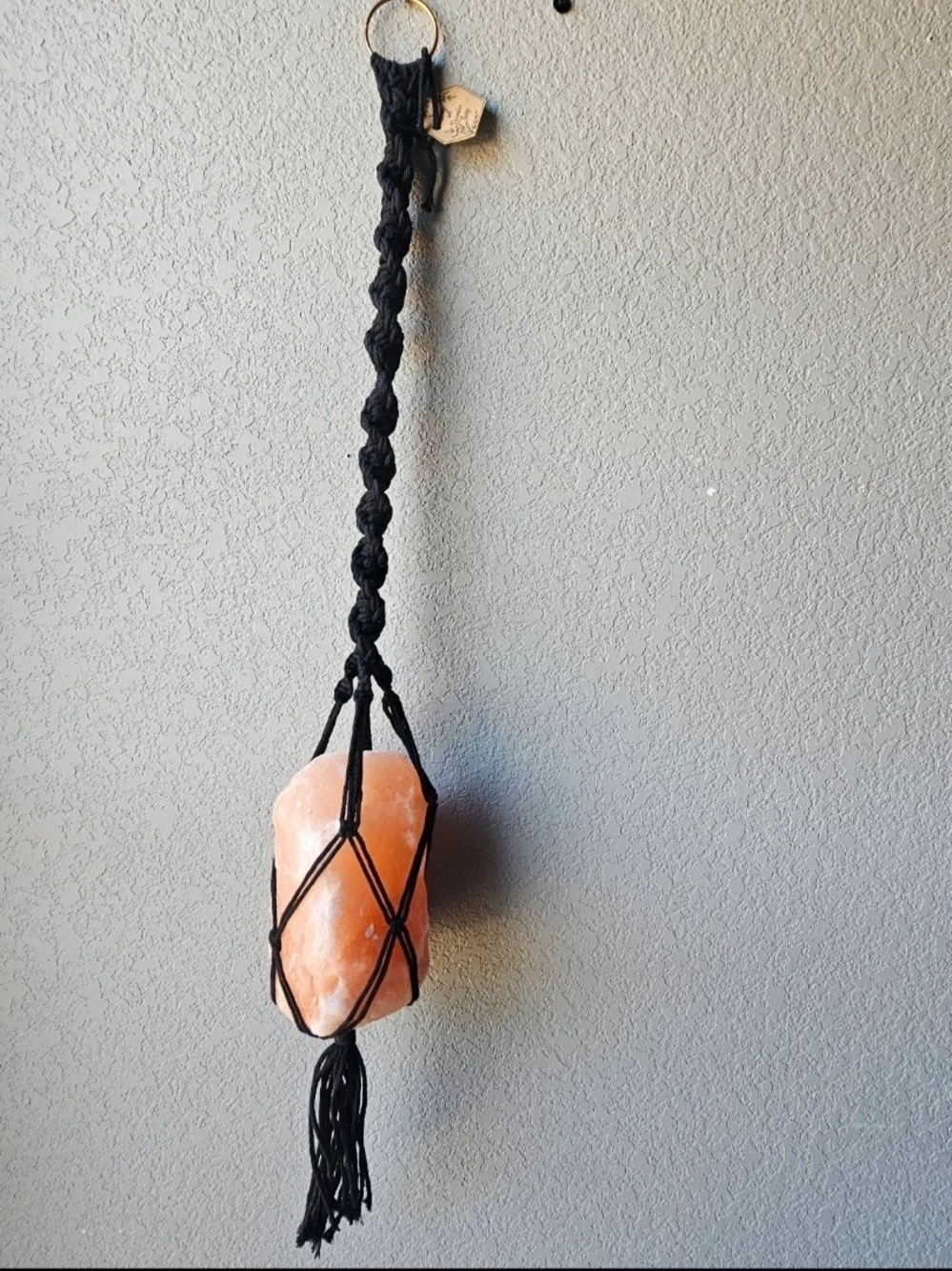 Hanging Himalayan Salt Lamp with Black Macramé Holder